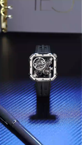 BONEST GATTI German Men Skeleton Square Mechanical Sapphire Luminous Rubber Strap Wristwatch