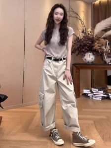 XUECAIQI | Spring and Summer Set Outfit for Work Simple Khaki Tee and Cargo Wide Pants Set