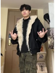 CHENMU | Mens Stylish Black Short Jacket Fur Collar Cotton Coat
