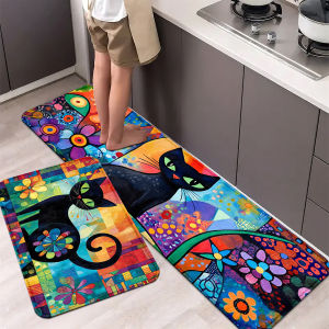VIKAMA 1/2-Piece Set: Day of the Dead Black Cat Floor Mat – Comfortable Non-Slip Kitchen Mat Entryway Rug Home Decor