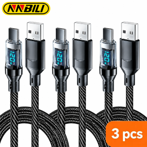 NNBILI 3pcs Fast Charge Cable 120W USB Type C To USB C Data Transfer Cord USB A To Type C With LED Digital Display Type C Cable