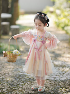 เด็ก ฤดูร้อน เจ้าหญิงนางฟ้าบาง กระโปรง ชุดฮั่นฝู สาวสไตล์จีนโบราณ เดรส ผ้าฝ้าย ผ้าชีฟอง หลวม เอว กระโปรงทรงเอ