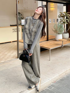 Elegant Early Autumn Three-Piece Set Womens Fashion Small Fragrance Style Wide Leg Pants Vest High Quality Sensation