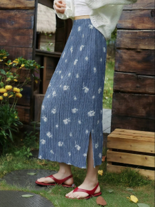 Blue Floral Pleated A-Line Skirt