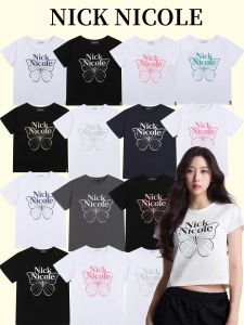 เสื้อยืดคอกลมแขนสั้นผู้หญิง Nick Nicole ลายผีเสื้อ ทรงหลวม ใส่ได้หลากหลาย เสื้อยืดคอตตอนแห้งเร็ว