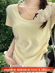 Slim Fit Short Sleeve T-Shirt Womens Summer New Style Pure Color Waist-Cinching round Neck Top Design Sensation Commute Wear