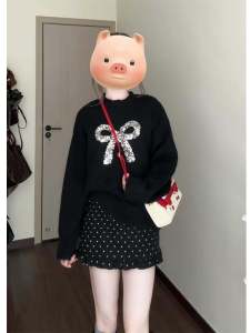 Shiny Sequin Butterfly Knot Sweater And Mini Skirt Set Womens plus Size Autumn Winter Fashion Ensemble Anti-Aging Two-Piece Set