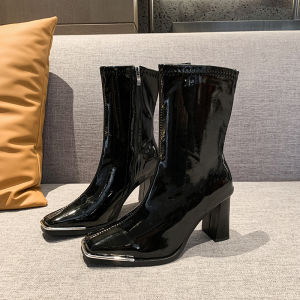 รองเท้าบูทสั้นสีดำ PU สำหรับผู้หญิง ฤดูใบไม้ผลิ ฤดูใบไม้ร่วง ฤดูหนาว รองเท้าบูททรงหัวเหลี่ยม ส้นสูง ส้นหนา รองเท้าแฟชั่น