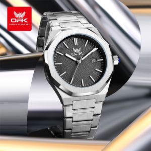 OPK นาฬิกาสแตนเลสสตีลปฏิทินควอตซ์แบบดั้งเดิมสำหรับผู้ชายนาฬิกากันน้ำของผู้ชายแฟชั่นสไตล์เรียบง่าย