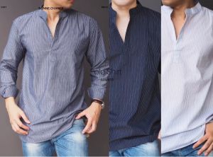 คอโปโล ลายริ้วเล็ก ดำ / ขาว / เทา สีสวาน เสื้อเชิ้ตชาย แบบสวม