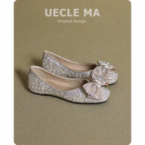 MASHUJIA | French Style Flat Ballet Single Shoes Water Crystal Bow