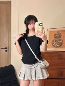 Korean Ins Button Shoulder T-Shirt Female Patchwork Contrast Color round Neck Fake Two Pieces Short Sleeve Gentle Sweet Girl Style Waist Trimming Short