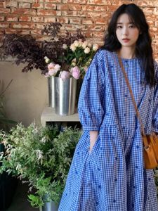 plus Size Blue Plaid Dress Loose Fit Ageless Style Long Sleeve Seven Points Slimming Dress for plus Size Women Autumn Wear