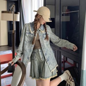Retro Fashion Denim Set Womens Autumn 2025 New Design Sense Jacket Top Tassel Pleated Short Skirt Two-Piece Set Cotton Polyester