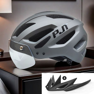 PJT New LED Bike Helmet With Sun Goggle & Sun Visor Rechargeable Men Bicycle Helmet Sunglasses Shield Road MTB Cycling Helmets