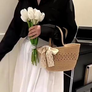 Túi cói đi biển 2024 túi xách nữ đi du lịch mùa hè SLEEPYCHIC thời trang phong cách hàn quốc gắn nơ vintage