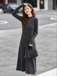 Vimly | Gray Knitted Fish Tail Dress Womens Slim Fit Stand Collar Design Casual Long Skirt Autumn New Style Vimly Fashion Brand