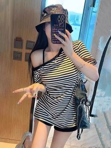 Áo Thun Tay Ngắn Kẻ Sọc Phong Cách Mỹ Gợi Cảm Cho Nữ Mùa Hè Thiết Kế Ôm Vừa Vặn Thời Trang Thanh Lịch Áo Thun Cotton Thoáng Khí