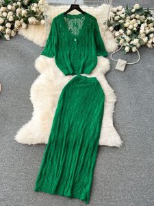 Korean Style Fashion Knitwear Set High Waist Long Skirt and Half Sweatshirt Versatile Two-Piece Suit for Women