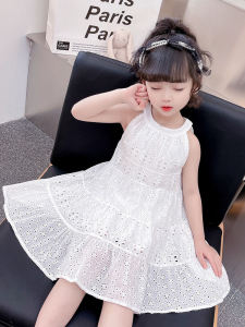 ชุดเดรสผ้าฝ้ายลายดอกไม้สำหรับเด็กผู้หญิง ชุดฤดูร้อน เดรสทรงหลวม กระโปรงทรงเจ้าหญิง แขนกุด คอวี กระโปรงทรงเอ