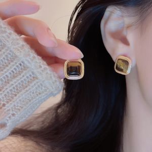 Elegant Brown Tiger Eye Stone Earrings Fashionable Retro Style Alloy Geometric Pattern French Style Womens Fashion Jewelry