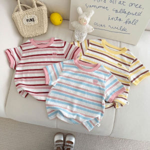 Sonkpuel | Girls Clothes Summer New Top 1-5 Years Children Pink Striped Round Neck T-shirt Fashion Casual Short Sleeve Color Blocked