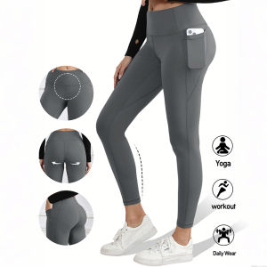 Women Leggings with Pockets Solid Color High Waist Butt Lifting Workout Tights Slim Elastic Pants Casual Wear