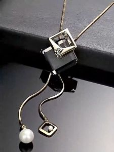 Korea Modern and Trendy Women Geometry Double Layer Tassel Long Sweater Chain Necklace Pendant Crystal Zircon Metal Chain Flower Pendant Black Rose Long Necklace Sweater Chain Adjusted Fashion Party Jewerly for Women