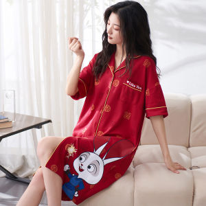 Red Pure Cotton Rabbit Sleepwear Womens Style Maternity Nightgown Summer Collection Luxury Home Clothes Short Sleeve Mid-length Dress
