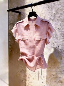 YNY | Short French Waist-Tie Notch Collar Blouse Summer