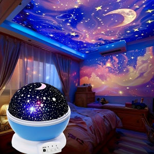 12 Color Modes 3D Rotating Star and Moon Projector Night Light | USB-Powered Polished Metal Finish Freestanding Design
