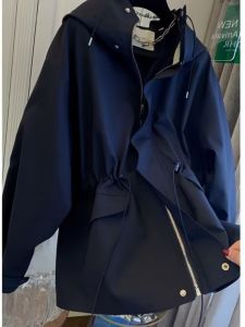 Casual Workwear Style Womens Long Coat Spring Autumn Loose Outerwear Windbreaker Trench Coat Mid-Length Hooded Zipper Pocket