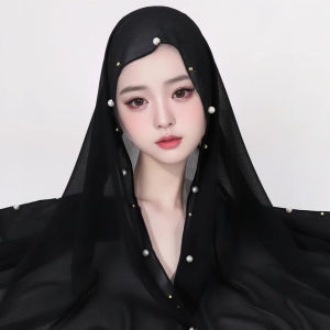 Jifang ผ้าคลุมไหล่ลูกปัดสีทองชีฟองสีขาวไข่มุกใหม่แบบธรรมดา PW40ผ้าคลุมไหล่ฮิญาบมุสลิม