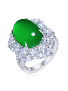 AILEQ | Natural Chalcedony Full Green Egg Shaped Hexagonal Ring 925 Silver