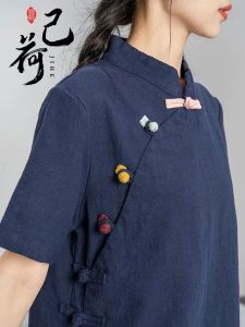 High-End Retro Style Short Sleeve Tang Suit Top Womens Candy Color Buttoned Traditional Chinese Clothing Commute Loose Fit