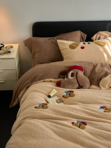 Cartoon Extra Thick Milk Fiber Four-Piece Winter Bedding Fitted Sheet Cashmere Warm Winter Quilt Cover Coral Fleece