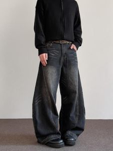 Retro American Style Men Women Straight Leg Jeans Faded Knife Edge Splicing Wide Leg CleanFit Deconstructed Pants Casual Wear