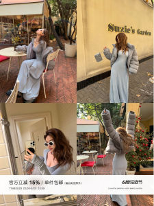 Xinlei Lin Warm Paper Person Cashmere Feel Fleece Lined Knitted V Neck Long Sleeve Womens Dress Elegant Atmosphere Waist Shaping a Line Skirt