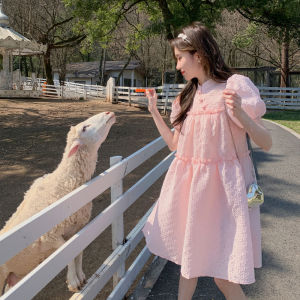 Summer New Chinese Style Sweet Cute Pink Bubble Sleeve Dress Womens Small Size First Love Doll Dress Button Placket A-Line Skirt
