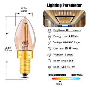 Bóng đèn Led nến C7 0.5W kính trong E12 E14 cơ sở đèn ban đêm loại nhỏ Đèn LED có thể điều chỉnh độ sáng nến