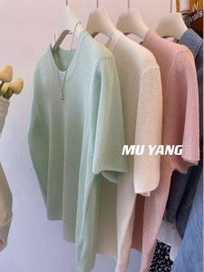 Mint Green Ice Silk Loose Short Sleeve Knitted Top Womens Overhead Design Sensation round Neck Shoulder Online Exclusive Korean Style Regular Fit