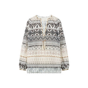 MeiYang T-Shirt Casual Loose Long Sleeve V-Neck Tassel Print Totem Classic Polyester Fiber Weekday Wear Womens Top