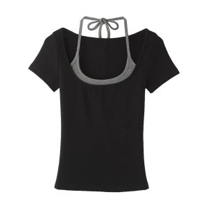 Áo Thun Nữ Tay Ngắn Màu Đen Phong Cách Hàn Quốc Mùa Hè Thiết Kế Hai Mảnh Giả Cổ Tròn Ôm Vừa Vặn Thời Trang Thường Ngày