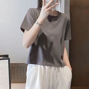 เสื้อยืดแขนสั้นผ้าฝ้ายแท้สำหรับผู้หญิงในช่วงฤดูร้อนปี 2025 เสื้อยืดแขนสั้นหลวมๆ สีพื้น เสื้อแขนสั้นทรงไหล่กลาง สวมใส่สบาย