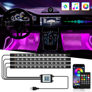 Car Interior Light Ambient Light with USB Cigarette Decorative Lamps RGB Car Footwell Light with Remote/Voice Control