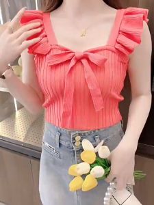 Ruffle Edge Tank Top Bow Knot Solid Color Sleeveless Top Gentle French Style