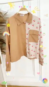 Kemeja Wanita Lengan Panjang Korea Style Terbaru Baju Hem Cewek Kekinian Cherry Combine Fit S - XL