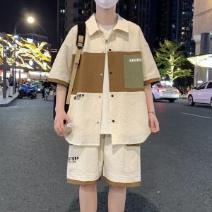 Summer Casual Short Sleeve Shirt And Shorts Set Mens plus Size Color Block Design Trendy Brand Two Piece Suit Comfortable Sportswear