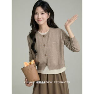 Khaki Short Knitted Cardigan Womens round Neck Open-Shirt Design Sense Top Commute Style Regular Fit Long Sleeve Polyester