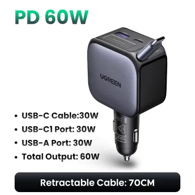 UGREEN 145W 90W 60W Muti Ports Car Charger with USB-C Retractable Cable for SAMSUNG S25 Ultra iPhone 16 pro max